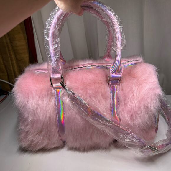 DOLLS KILL SUGAR THRILLZ PINK FAUX FUR SHAGADELIC HOLOGRAPHIC WEEKENDER NWT - Picture 7 of 15